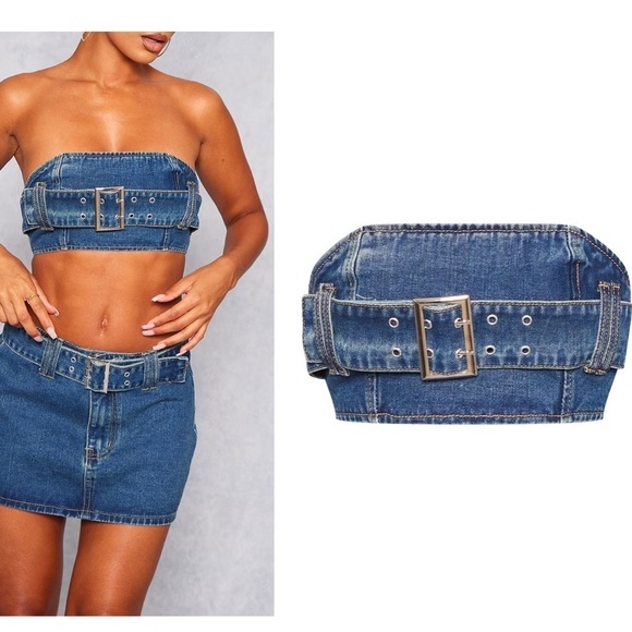 NWT PRETTYLITTLETHINGS- Indigo Vintage Wash Buckle Detail Denim Mini Ban… - Picture 3 of 3